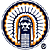 Two circular icons with Native American headdresses and a sword-shaped text banner on blue background.