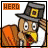 Pixelated cartoon character in pilgrim hat with orange 'HERO' text box, two-frame animation showing mouth movement.