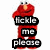 Pixelated red character with large eyes and orange nose, wearing black text boxes reading 'Hello', 'me', 'please' in white letters.