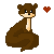 Pixelated brown animal with white chest sits on rock, red heart appears to right of figure in second frame.