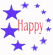 Two static frames of a digital graphic with blue and red stars surrounding text reading 'Happy' on the left frame and 'July 4th' on the right frame.