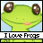 Pixelated green frog with brown eyes and pink mouth, two side-by-side frames showing text animation.