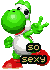 Pixelated green dinosaur with white belly and red shoes stands against gray background, holding two black signs with yellow text reading '50' and 'SEXY'.