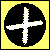 Two side-by-side pixelated icons with black circular backgrounds on yellow dotted fields, each displaying a white cross-like symbol.