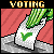 Pixel art icon with 'VOTING' text above a ballot box containing a green checkmark and leafy vegetable, set against red striped background.