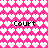 A static pixel art image with a bright pink background filled with white heart shapes, featuring four instances of the word "Court" in black pixelated text.