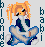 Pixelated anime-style character with orange hair, dark sunglasses, and blue-and-white clothing seated on a cloud-like shape.