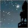 Silhouette of a figure standing on a balcony under a starry night sky with a bright moon, framed by a dotted border.