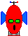 Red oval-shaped robot with blue side fins, green eyes, black mouth, and antenna with blue and red tips, shown in four sequential animation frames.