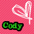 Pixelated green text 'Cody' with black outline on pink checkered background, white heart-shaped swirl above.