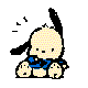 Pixelated cartoon dog character in blue outfit performing various poses across six animation frames on gray background