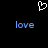 A static pixel art image with a white heart symbol above two blue 'love' texts on a black background.