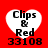 Four heart-shaped icons with white fill and black text on a red background, each displaying 'Clips & Red 33108' in pixelated font.