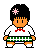 Pixel art character with black hair and pink flower, wearing white shirt with red bow tie and green-white checkered shorts.