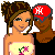 Pixelated image of two figures in a close pose, one wearing a red cap with white 'HK' letters and black strapless top, the other in beige pants and strappy sandals; lower section has colorful text and star symbols on black background.