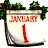 Static pixel art of a calendar page showing January 1 with green foliage above, rendered in red and beige tones on white background.