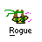 Pixel art animation of a character labeled Rogue with green bandana, yellow-green outfit, and pink particle effects across three frames.