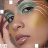 A close-up of a person with green eyeshadow, orange face paint stripes, and light brown hair, hand near cheek in four variations.