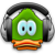 Green pixelated character with large blue eyes and orange beak wearing silver headphones on gray background.