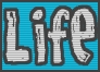 Static pixel art icon with the word 'Life' in stylized white letters on a blue striped background, framed by a dark border.