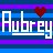 Pixelated image with horizontal blue and purple stripes, white text reading 'Aubrey', and a red heart symbol above the letter 'y'.
