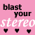 Pink background with black text 'blast your' above white cursive 'stereostereo', six pixel hearts below, one heart changes from black to white between frames.