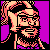 Pixel art portrait of a bearded man with glasses against purple background, rendered in 8-bit style with pink/orange and black color scheme.