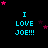 Pixelated text 'I LOVE JOE!!!' in cyan on black background with pink and purple stars, animated star positions across frames.