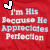 Red background with white text reading 'I'm His Because He Appreciates Perfection' and a heart icon that changes from black-and-white to blue.