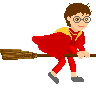 Pixelated character in red outfit with yellow accents and glasses holds a broom, shown in two sequential poses against gray background.