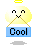 Pixelated angelic figure with yellow halo, white wings, and crossed arms holding blue 'Cool' sign against gray background.