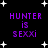 Pixelated purple text 'HUNTER is SEXXI' on black background with white stars, two identical static frames shown side-by-side.