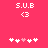 Pixelated icon with pink background, white text 'S.U.B' and '<3', five heart symbols at bottom where one is light pink.