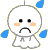 Pixelated white figure with black eyes, peach cheeks, and downturned mouth appears in three states: top-left has four blue teardrop shapes, top-right has two, bottom has none.