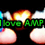 Animated icon with glowing hearts and clouds, displaying text that changes from "I love AMP" to "So much" then "forever and Ever" with a heart symbol.