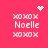 Pixelated pink background with white text 'xoxox' above and below 'Noelle', and a small heart or starburst symbol above the text in each of four repeated sections.
