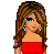 Pixel art contact sheet showing multiple frames of a female character in red top and black skirt with brown hair, some frames featuring text overlays.