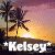 Pixelated sunset scene with palm tree silhouette and white text reading "*Kelsey*" at the bottom.
