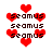 Red heart shapes and brown text reading 'seamus' appear in a pixelated pattern on a white background with varying heart sizes and text positions.