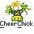 Pixelated character in yellow and green outfit holding pom-poms, with text 'CheerChick' below on gray background.