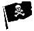 Four black flags with white skull and crossbones symbols on a gray background, each in different orientations.