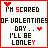 A 3x2 contact sheet of six animated frames showing a pixel-art Valentine's Day buddy icon with red and black text, hearts, and animation effects on a white background.