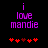 Purple text 'i love mandie' on black background with red heart symbols below, showing two animation states with heart positions shifting left to right.