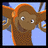 Pixelated cartoon character with brown hair and orange highlights, wearing a light blue shirt against a blurred background.