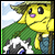 Yellow cartoon character with purple nose and black eyes, wearing green hat and blue outfit, holding green leafy object against cloudy sky background.