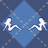 Two white pixelated figures in dynamic poses on a blue diamond background with scattered light effects, next to green text reading 'Original Icons .com' on dark green.