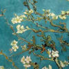 A static image of white and pale yellow flowers on brown branches against a blue background with visible brushstroke texture.