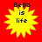 Four identical yellow starburst shapes on red background with black text reading "Bella is life" inside each starburst.