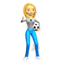 Animated sequence of a cartoon woman with blonde hair holding a soccer ball, wearing a gray long-sleeve shirt and blue pants, in various poses.