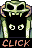 Pixel art of a green skull with curved horns, black background, and 'CLICK' text below; three variations show eye changes from open to closed states.